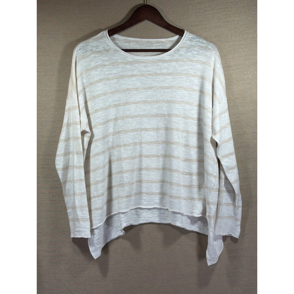 Eileen Fisher Sweater Womens L Cream & Tan Striped Linen Cotton Blend Beach